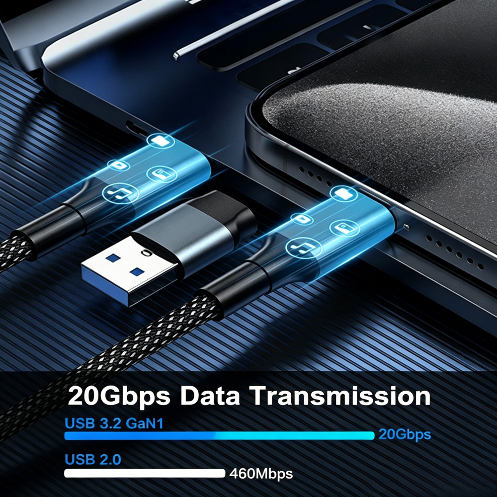  2 in 1 Nylon Braided USB Type C Cable 20Gbps  