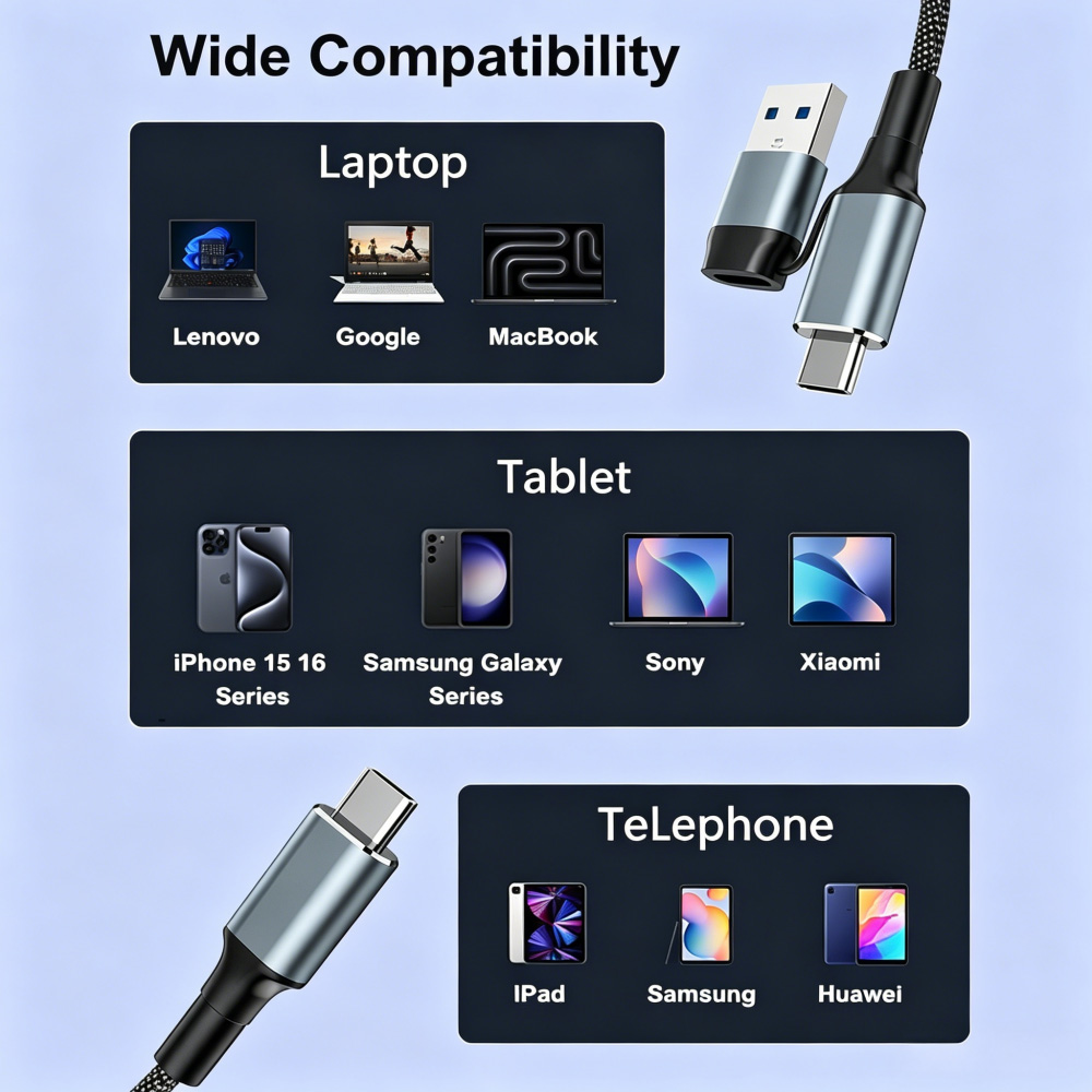  2 in 1 Nylon Braided USB Type C Cable 20Gbps  