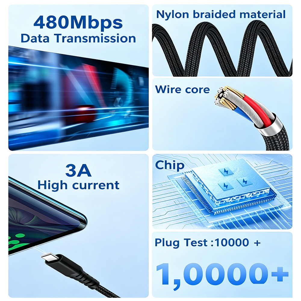 3A USB A to Type C Nylon Braided Cable 